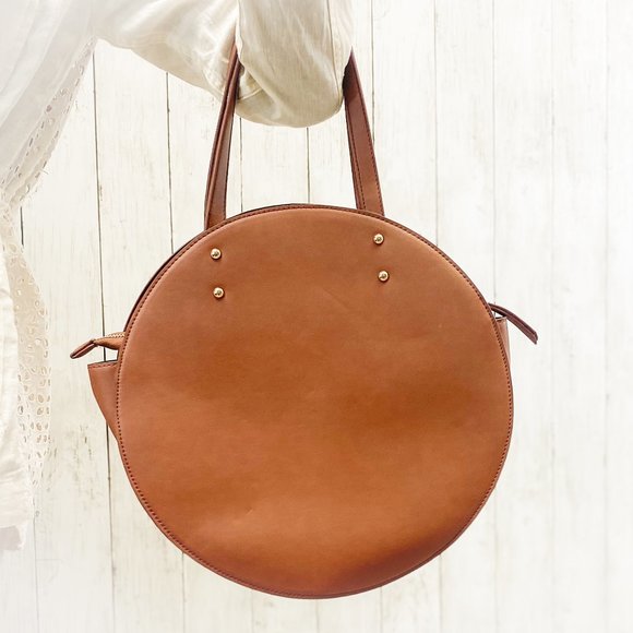 Francesca's || Women's Boho Style Circle Tote Brown Stand Up Large Travel Purse - Picture 6 of 12